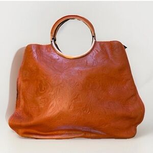 Patricia Nash Handbag Purse Aria Ring Handle Burnt Orange Floral Emboss Leather